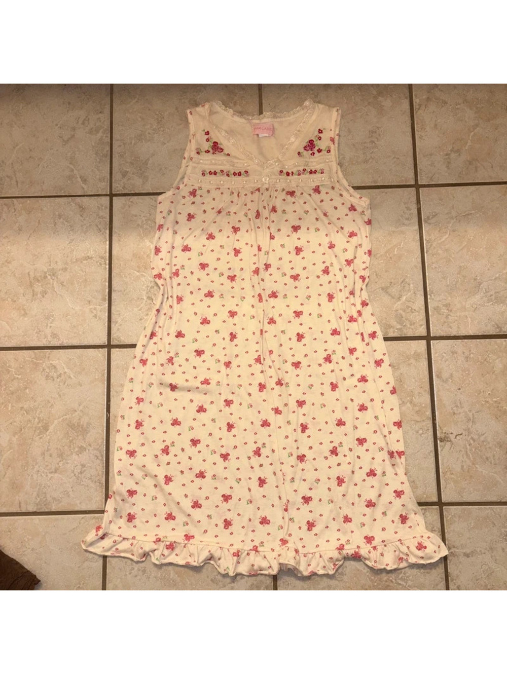 Cottagecore Coquette Cream and Pink Floral Babydoll Dress with Lace Trim